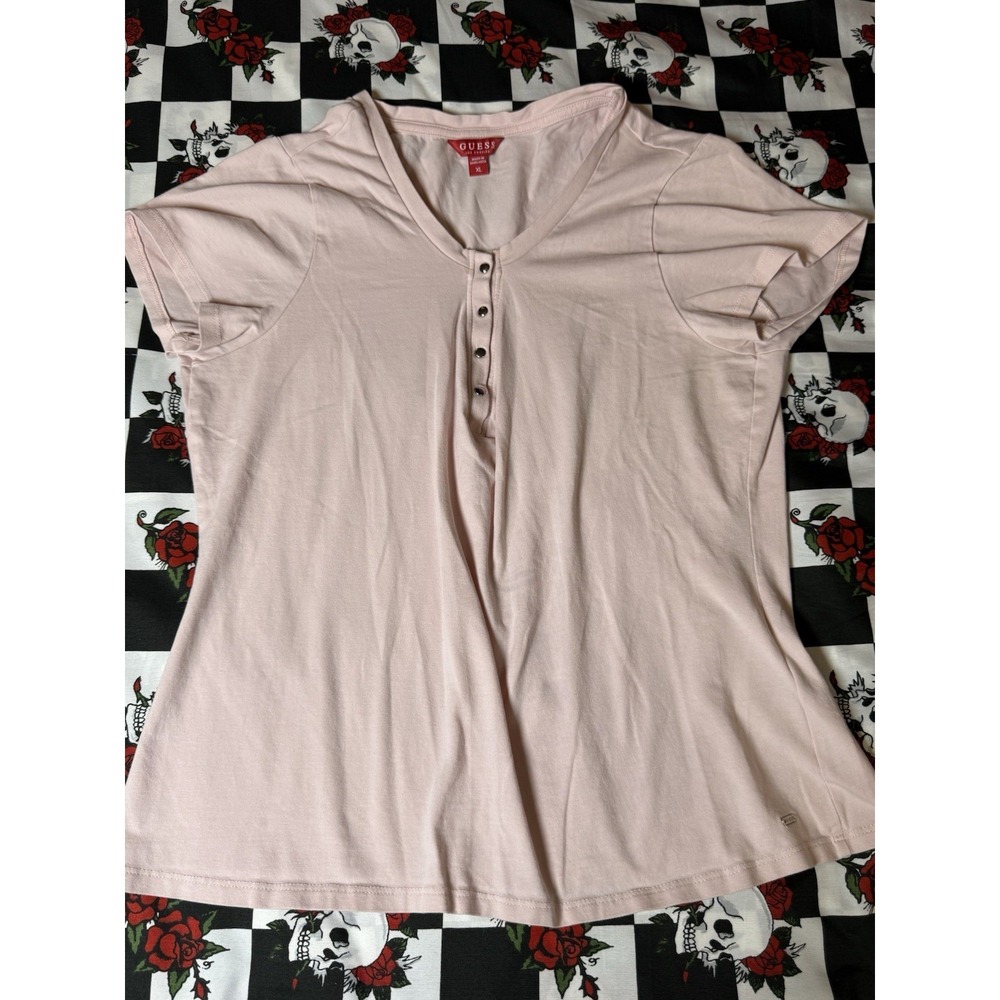 Guess Henley Top Women's Size XL Blush Pink Short Sleeve Button Tee